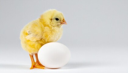 a fluffy yellow chick standing on a smooth white egg