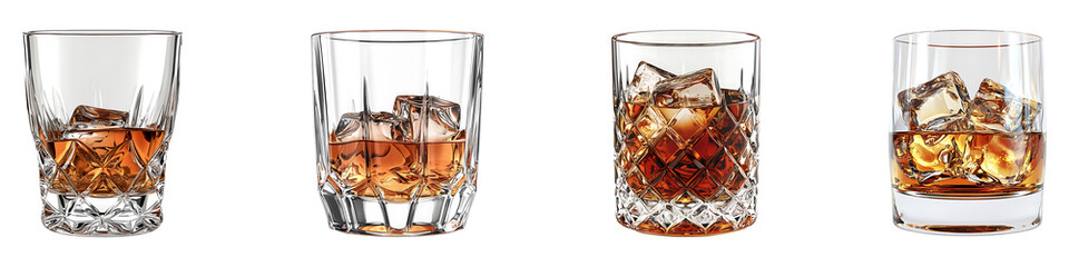 Set, group, collection of a glass of whisky with ice isolated on a transparent background.
