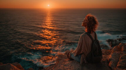Fototapeta premium Stylish Young Woman Traveler Watching Sunset on Rocky Beach – Cape Greco, Cyprus, Popular European Summer Destination