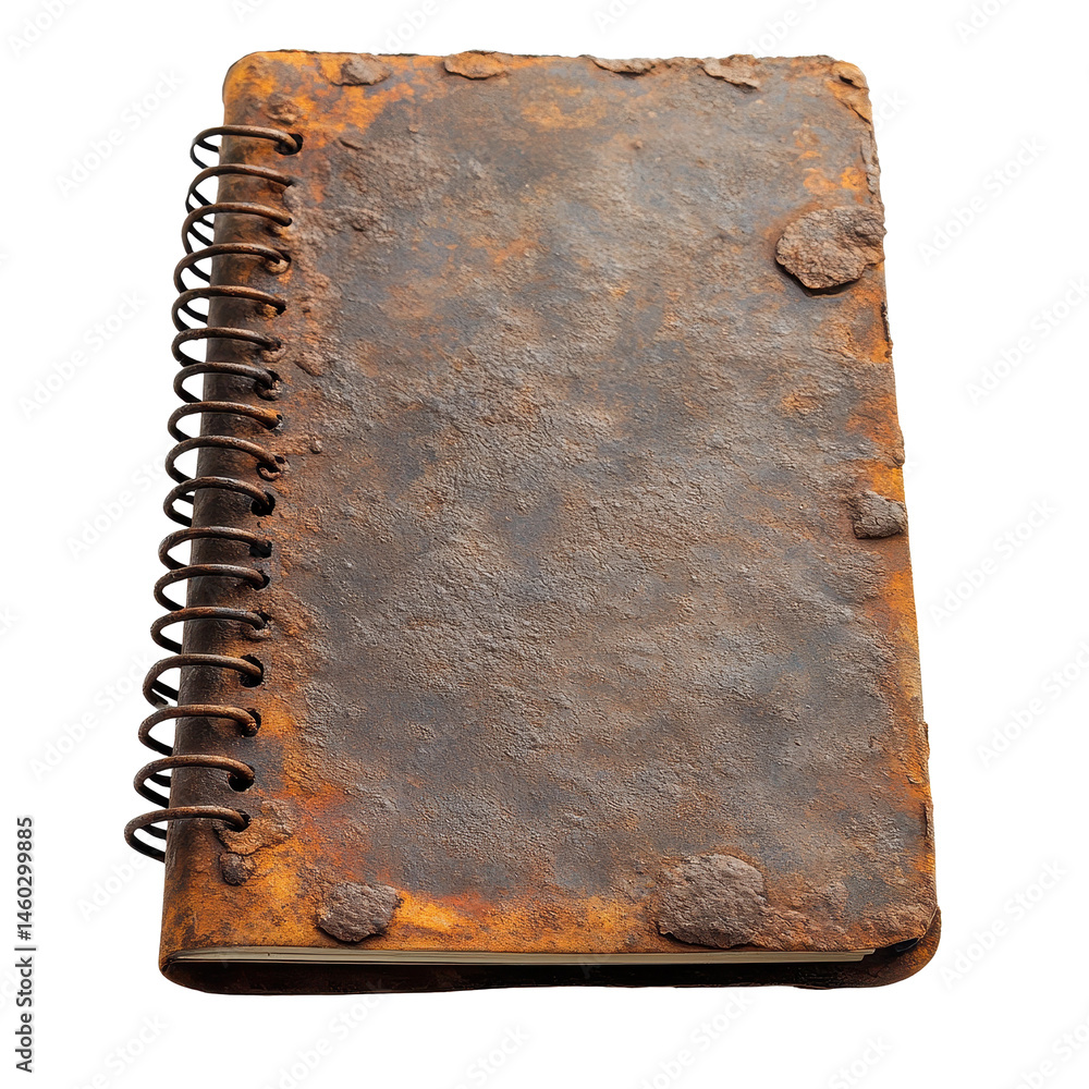 Poster old rusty spiral notebook resting on a transparent background showcasing its worn texture and charac
