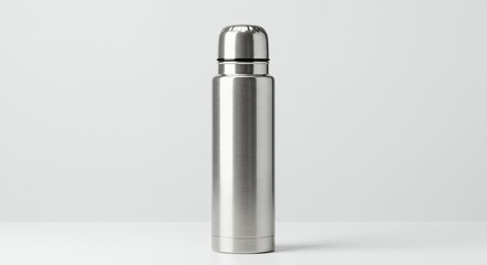 Isolated metallic thermos bottle on white background for beverage storage and travel