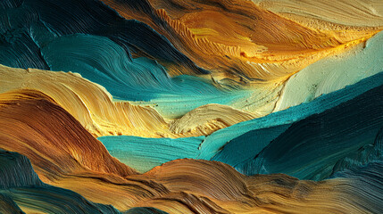 Abstract art, gold and teal paint texture, thick brushstrokes creating a landscape-like effect, showcasing vibrant color and texture, ideal for design backgrounds