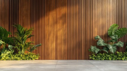 Modern Wooden Wall with Tropical Plants. Interior Design
