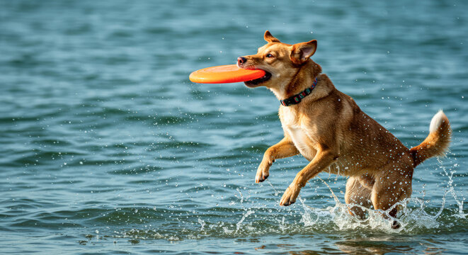Dog joyfully leaps to catch a frisbee in the water  
