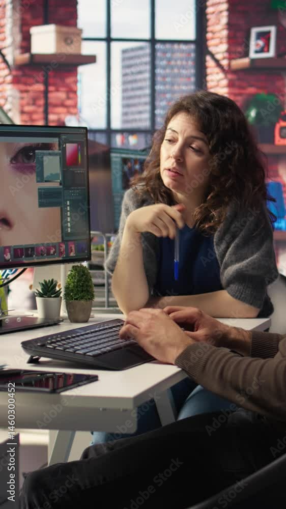 Poster vertical video creative agency team using ai to generate image models, operating editing software to
