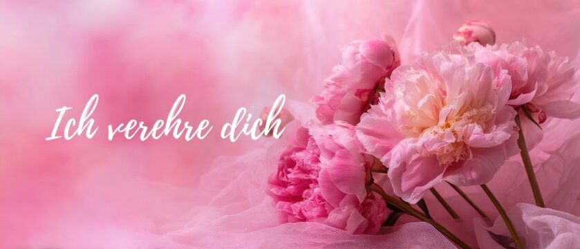 Zarte rosa Pfingstrosen mit Ich verehre dich Schriftzug auf romantischem Hintergrund f&uuml;r Valentinstag und Muttertag Delicate pink peonies with I adore you lettering on a romantic background for Valent