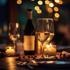 Romantic dinner with wine, candles, and appetizers.