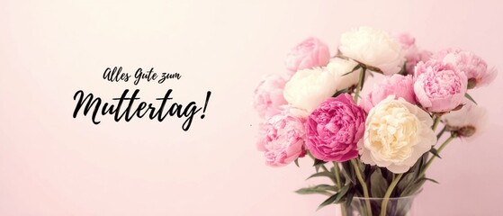 Alles Gute zum Muttertag: Zarter Blumenstrauß mit rosa und weißen Pfingstrosen als liebevolle Grußbotschaft zum Muttertag