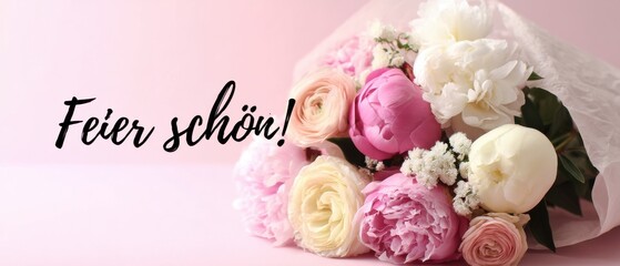 Elegantes Blumenbouquet mit Feier schön Schriftzug auf zartrosa Hintergrund für festliche Anlässe und herzliche Glückwünsche