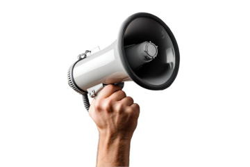 Hand holding loudspeaker making announcement grey white shot tool news on transparent background