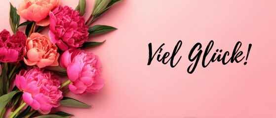 Rosa Pfingstrosen mit Viel Glück Schriftzug auf pastellfarbenem Hintergrund für Glückwünsche und Feierlichkeiten