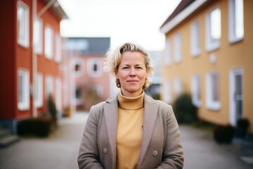 Obraz premium portrait of a middle age body positive woman with slightly messy modern apartment in the background in sweden