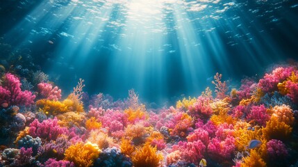 Fototapeta premium Vibrant underwater coral reef illuminated by sunlight.