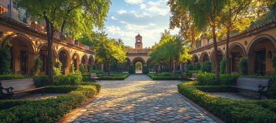 Sunny Courtyard Garden Path, Spanish Architecture, Peaceful Background