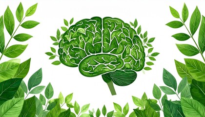 green brain shape surrounded with fresh leaves nature inspired intelligence symbolizing eco friendly thinking