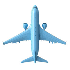 Volumetric illustration of an airplane viewed from above, showcasing its sleek design and aerodynamic features in a minimalist style