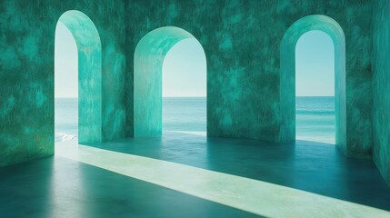Coastal teal archways showcasing ocean views.