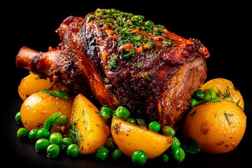 A beautifully cooked lamb shank garnished with fresh herbs sits atop a bed of golden potatoes and bright green peas, ready to be enjoyed for a hearty meal