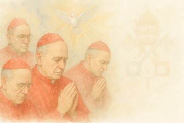 Cardinals praying for election of the new pope with the Holy Spirit in shape of a dove hovering over them and papal seal in the background with copy space for text