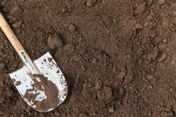Soil ground texture background with copyspace and shovel close up top view. Digging up, Organic...