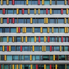 Building façade with a grid of windows or colored panels 