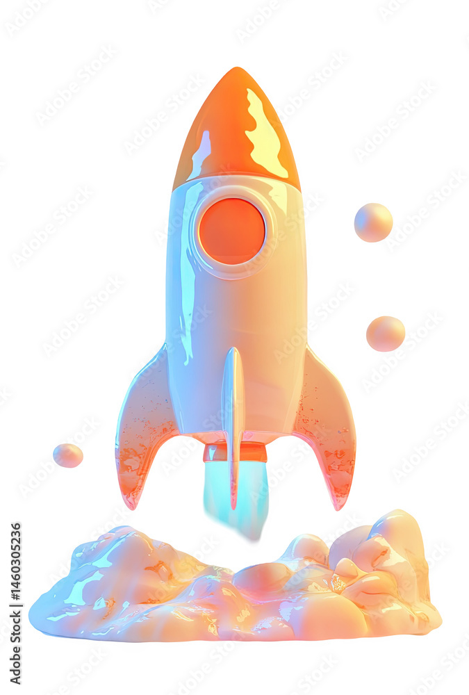 Poster stylized rocket launching into space colorful 3d render abstract art pink on transparent background