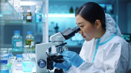 A dedicated Asian scientist focuses intently on her work, analyzing samples through a microscope in a high-tech laboratory filled with various chemical solutions - Powered by Adobe