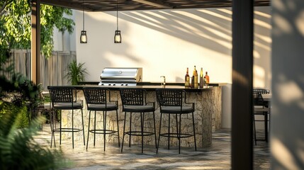 Outdoor kitchen with stone counter and stools under pergola with sunshine;lifestyle