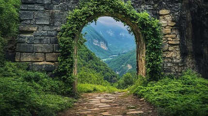 Serene Mountain View Through Ancient Stone Archway Lush Green Foliage Overgrown Ruins Picturesque Path Tranquil Nature Scene Idyllic Landscape Breathtaking Vista Majestic Peaks Verdant      