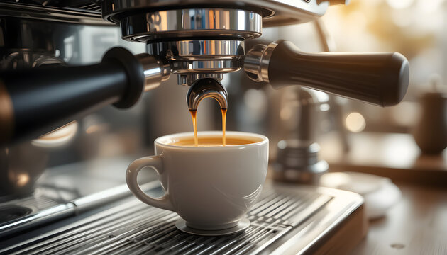 Pembuatan espresso menggunakan mesin kopi porta ganda.