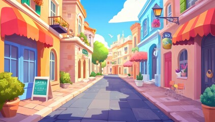 Obraz premium Sunny European street scene with vibrant shops and colorful buildings