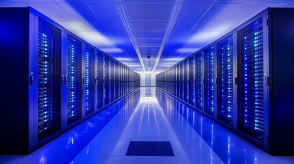 Fototapeta premium Modern Data Center Server Room with Blue Lighting Technology Infrastructure