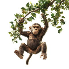 Baby Monkey Hanging from Tree Branch Isolated on Transparent Background