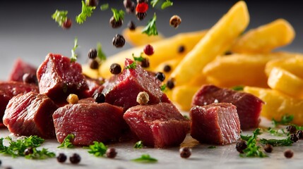 French steak frites ingredient levitating midair beef steak cube golden potato fry segment parsley flake peppercorn sauce droplet fineart tiltshift photography selective color red gold layered depth