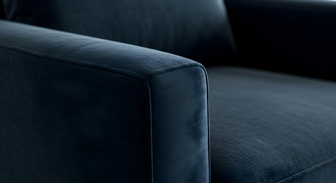 Close Up Of Sophisticated Navy Velvet Sofa Arm Rest Modern Design