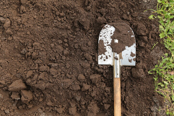 Brown dark soil ground texture background with copyspace and shovel top view. Organic farming,...