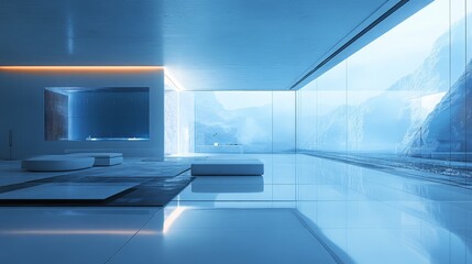 Fototapeta premium Modern, minimalist interior design with panoramic mountain view.