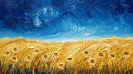 Golden sunflower field under a vibrant blue sky.