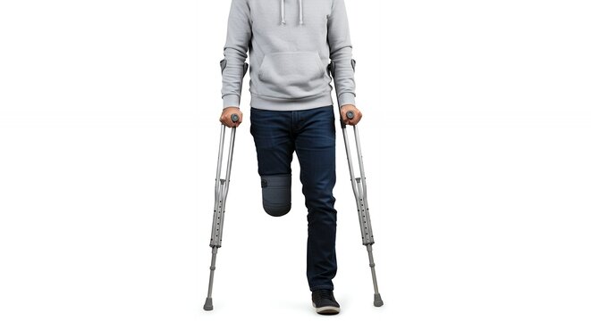Person with prosthetic leg using crutches