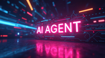 The text AI agent on a neon cyberspace background symbolizing agentic autonomy and future autonomous assistants using AGI technology to advance human and bot collaboration in business
