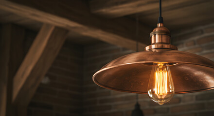 Edison Bulb Glowing Under A Copper Shade With Exposed Ceiling Beams