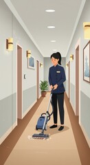 Hotel Maid Cleaning Corridor, Vacuuming Hallway Carpet