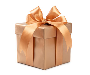 A gold box with a ribbon tied around it