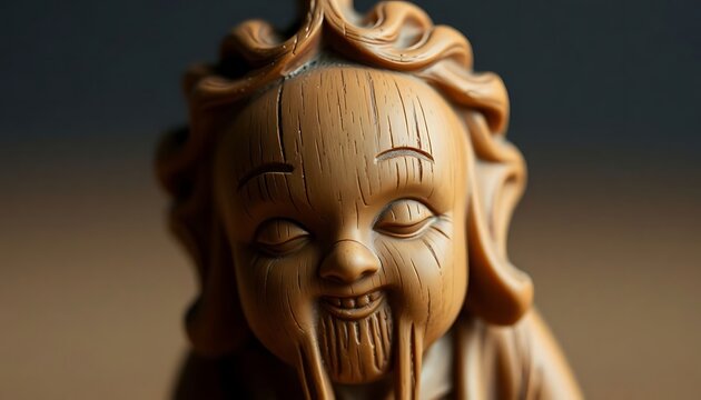 wooden statue of a laughing buddha - Powered by Adobe