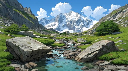Serene mountain valley with a stream