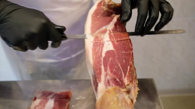 Butcher slicing iberian ham with a knife