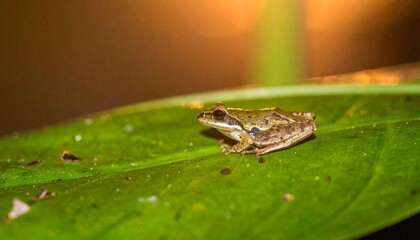 Obraz premium a small frog sitting on a green leaf with a warm light