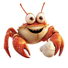 Cartoon Crab Holding Seashell Isolated on Transparent Background