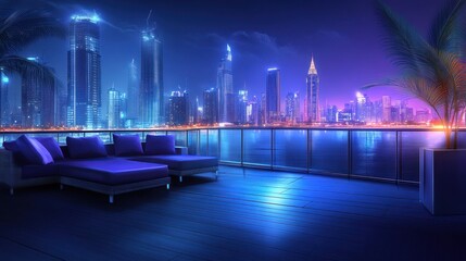 Relaxing sofa on terrace with cityscape view at night, for luxury vacation rental