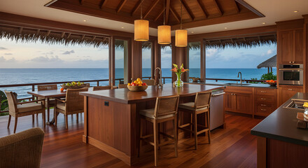 Oceanfront Kitchen Interior With Tropical Decor And Wooden Accents
